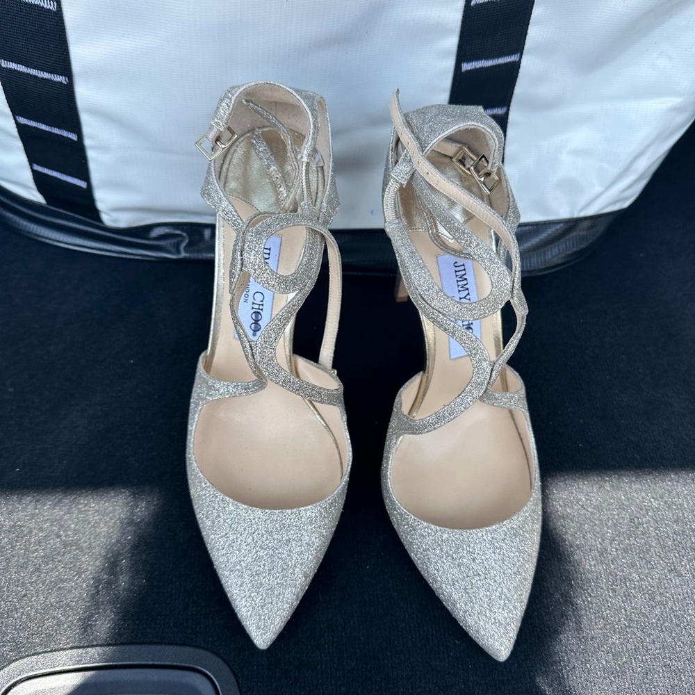 Jimmy Choo Lancer Light Gold Glitter Heels size 8.5